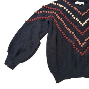 The Great. The Bobble Pom Pom Sweater Knit Navy Blue Brown Size 1 / Small